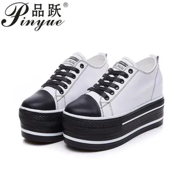 

genuine leather women Casual Shoes platform wedge shoes height increasing lace up super high heel sneakers