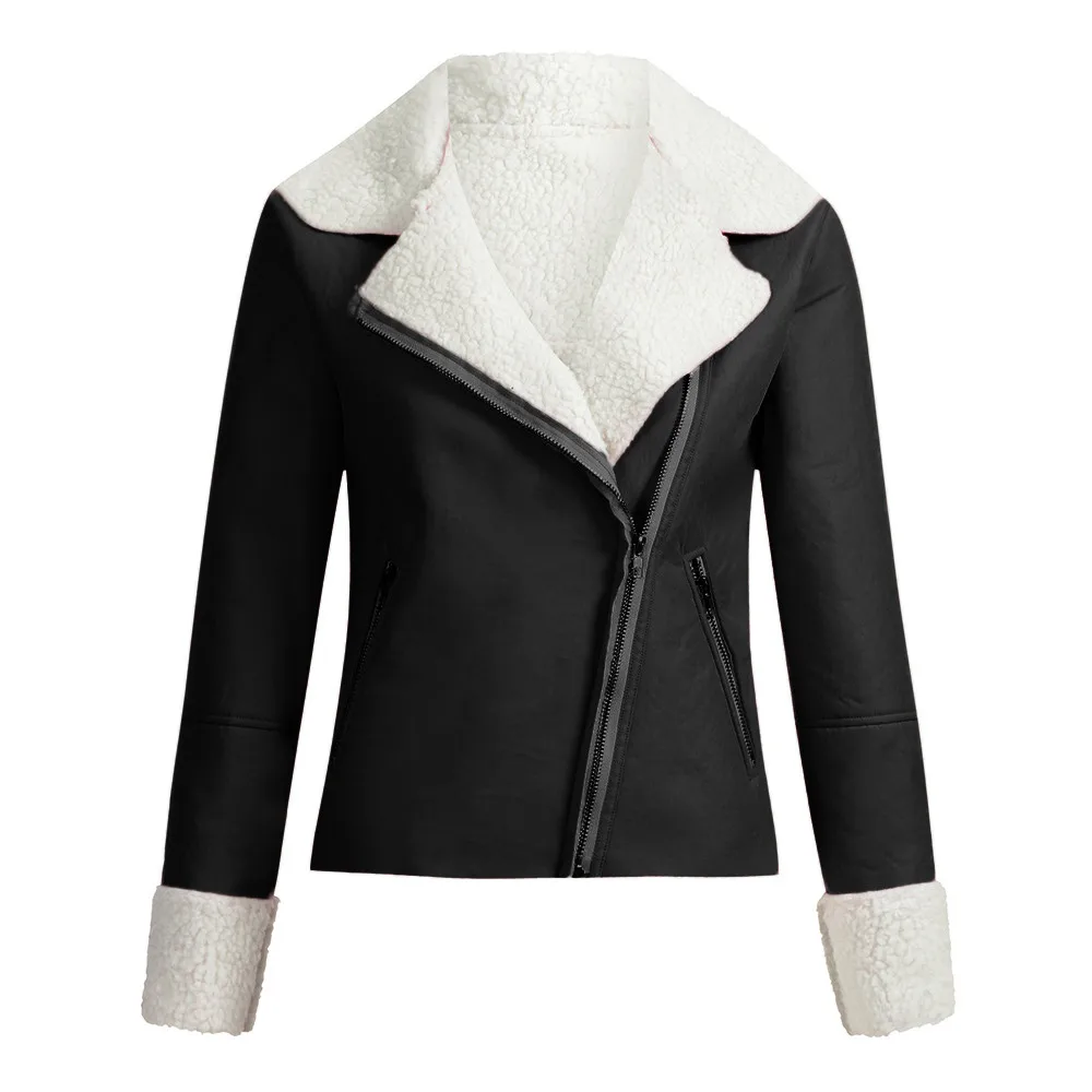Зимняя женская куртка с отворотом, искусственная кожа, пряжка, крутая куртка пилота, искусственная овечья шерсть, мотоциклетная куртка, высокое качество, chaquetas mujer