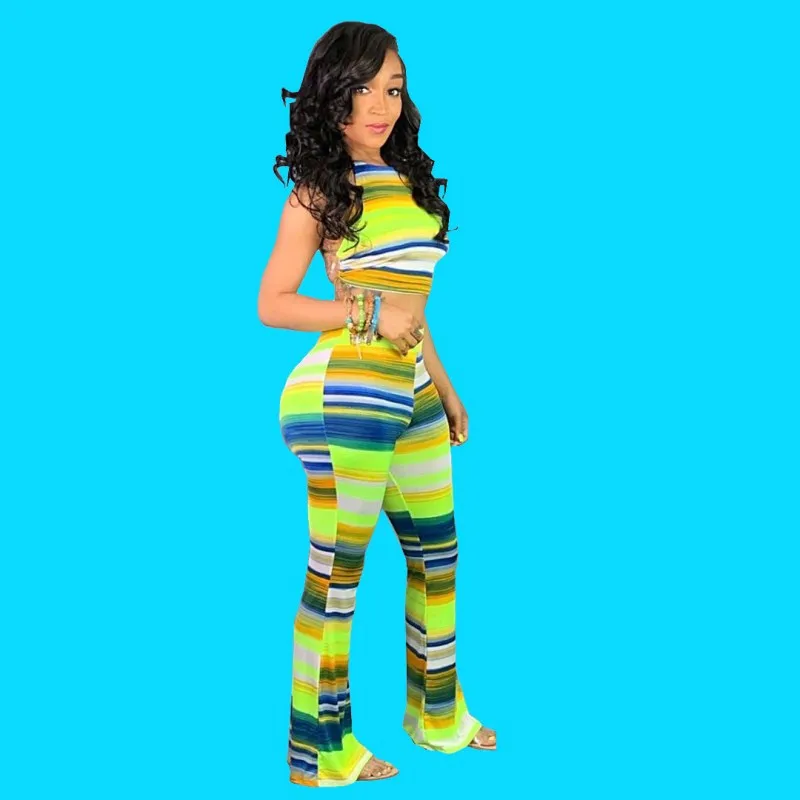 

Nice Women Striped Print Colorful Suits Summer Sleeveless Backless Two Piece Sets Crop Top And Wide Leg Pants Outfits