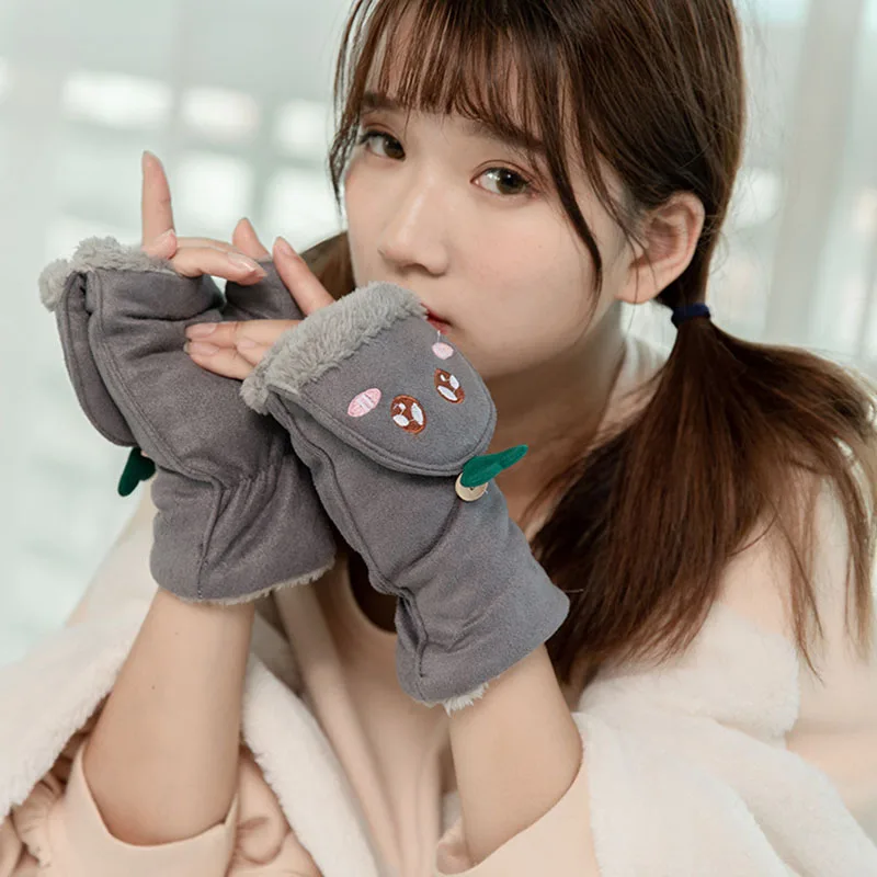 

2019 Winter Korean Version Plus Velvet Thick Suede Flip Gloves Ladies Cute Casual Warm Riding Student Gloves