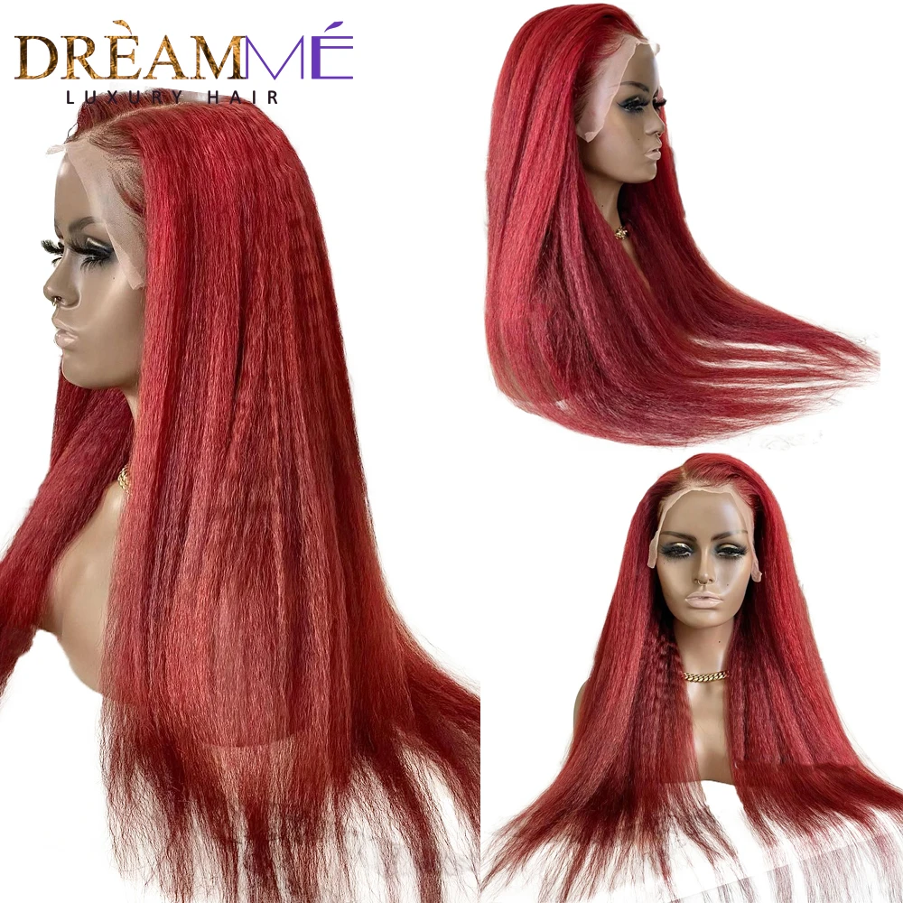 99J Burgundy Red Color Kinky Straight 13x4 Lace Front Wig Brazilian Italian  Yaki Human Hair Wigs Natural Remy Hair 250% Density|Human Hair Lace Wigs| -  AliExpress
