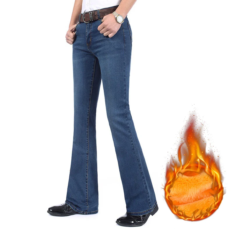 Winter Warm fleece flare Jeans Thickening Boot Cut Jeans Male Mid Waist Business casual flares pants Bellbottom Trousers 26-38