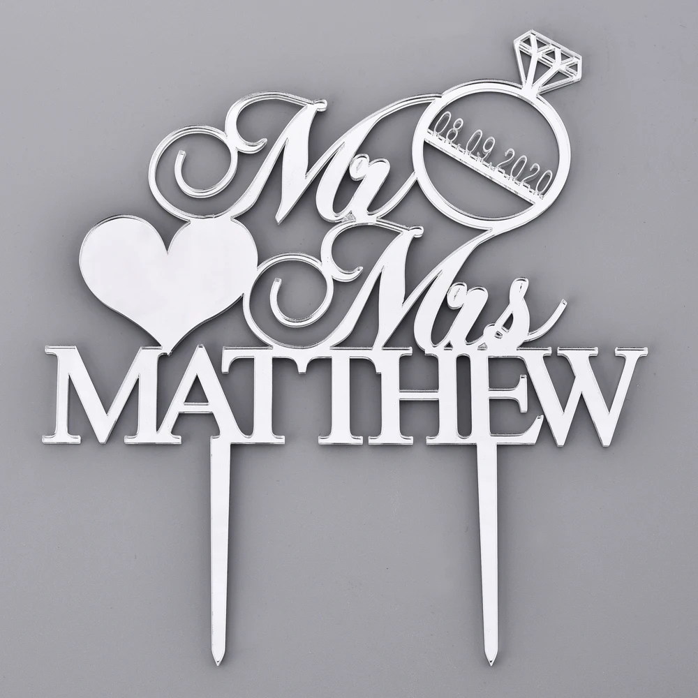 Silver Personalized Engraved Wedding Cake Topper Acrylic Wooden Custom Mr& Mrs Cake Topper Ring For Wedding Gift Decor Party - Цвет: Silver