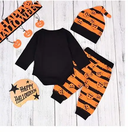 3 Pcs Toddler’s Halloween Costume, Black Long-Sleeves Rompers Top + Stripes Casual Pants + Hat Suit for Baby Boy girls 0-2 Years