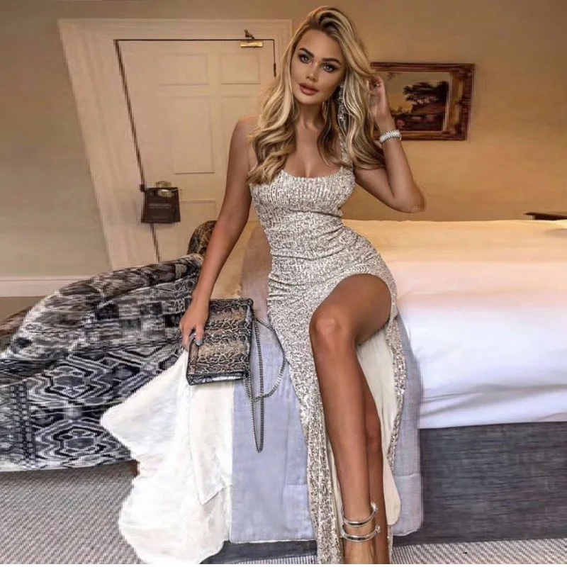 

Silver Fashion Sequined Maxi Dress 2019 Women Sexy Sleeveless High Split Bodycon Round Neck Elegant Evening Party Vestidos Club