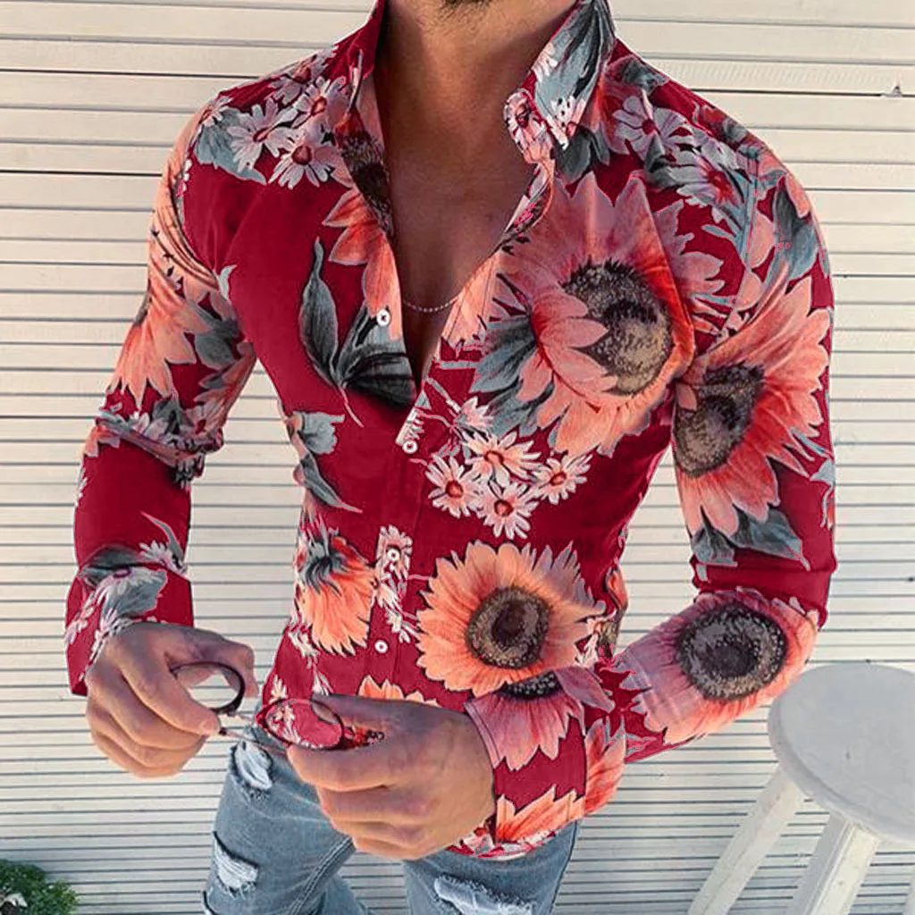 Camisa Floral de manga larga para hombre, camisa informal moda estampado 3D de flores cuello vuelto, delgada, hawaiana _ - AliExpress Mobile