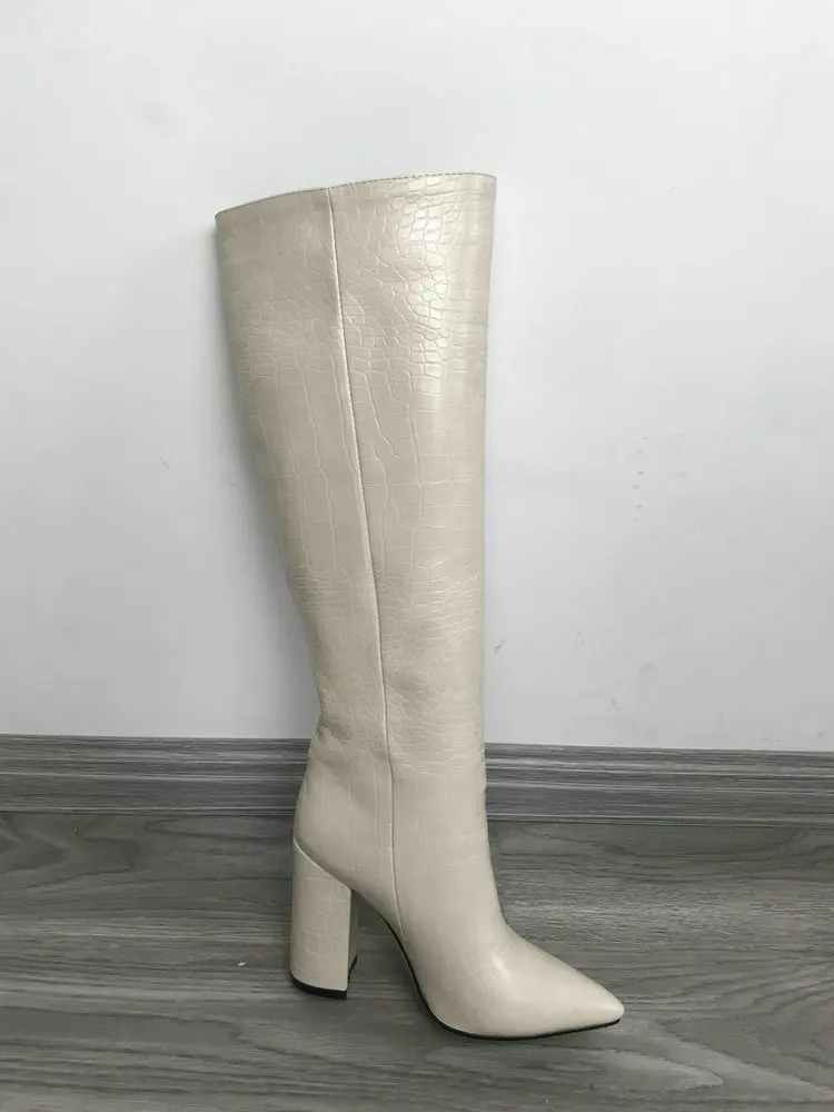 Slim Beige Кожаные зимние сапоги со змеиным принтом; женские сапоги до колена с острым носком; высокие сапоги на высоком квадратном каблуке; Цвет черный, бежевый, коричневый; сапоги; обувь - Цвет: Slim Beige