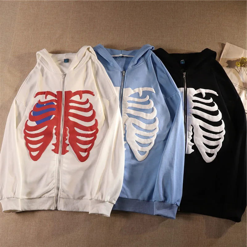 Clothes Skeleton Printing Hoodie Anime Men Women Long-sleeve Zipper Hoodie Jacket Loose Streetwear Kpop Clothes Oversized