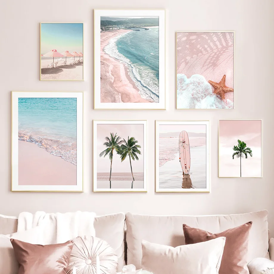 Pink Beach Canvas Poster Landscape Wall Art Print Picture Nordic Home Decor Gift 