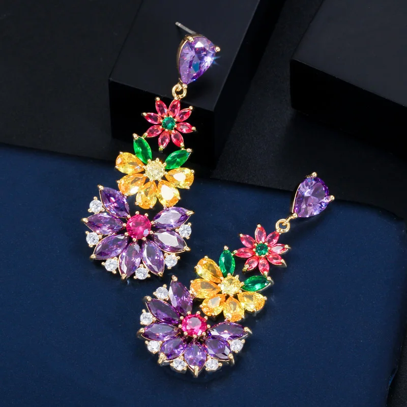 CWWZircons Unique Multicolored Cubic Zirconia Cluster Flower Dangle Drop Earrings for Women Wedding Party Dress Jewelry CZ430 CWWZircons Unique Multicolored Cubic Zirconia Cluster Flower Dangle Drop Earrings for Women Wedding Party Dress Jewelry CZ430