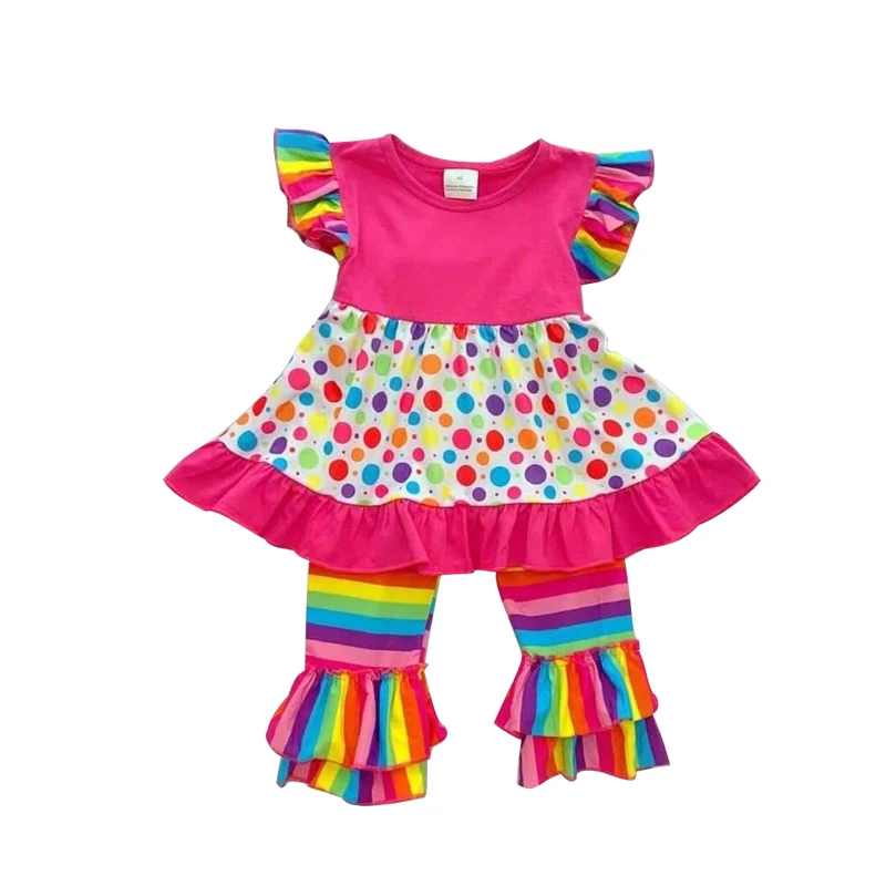 

Hot sale summer children's outfit flutter sleeve coloured dot print laceground with leggings icing pants