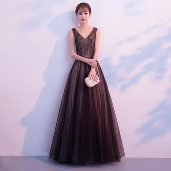 

New Sexy V-Neck Evening Party Dress Exquisite Bling Beads Formal Dress Elegant Long A-Line Prom Gown Mesh Ball Gown Vestidos