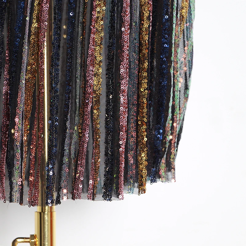 细节 (6).JPG TWOTWINSTYLE Patchwork Sequined Striped Party Dresses For Female V Neck Sleeveless High Waist Cascading Ruffle Womens Dress New