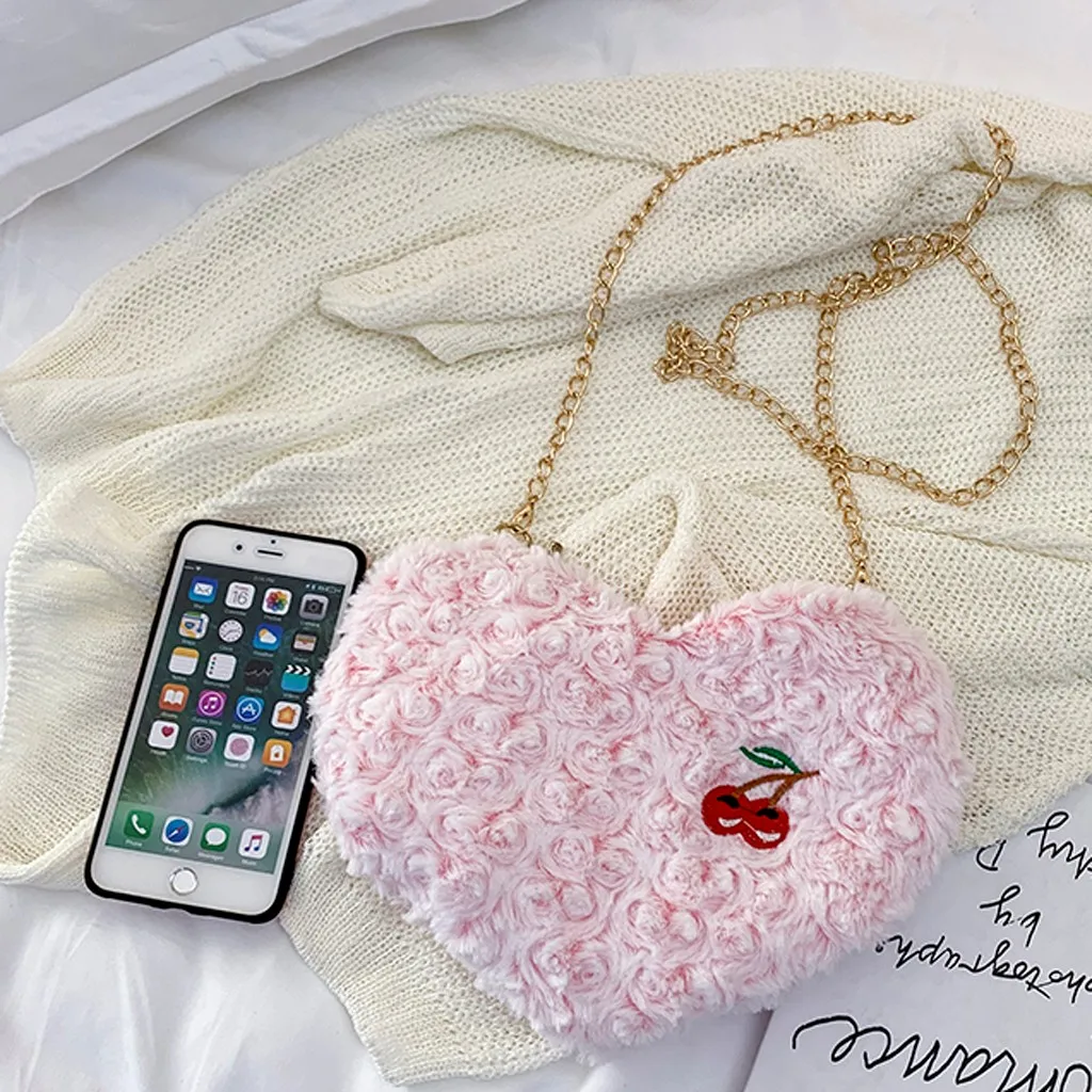 Модная Наплечная Сумка в форме сердца, Женская однотонная плюшевая сумка-мессенджер, сумки через плечо для девочек, милый розовый кошелек на молнии для телефона