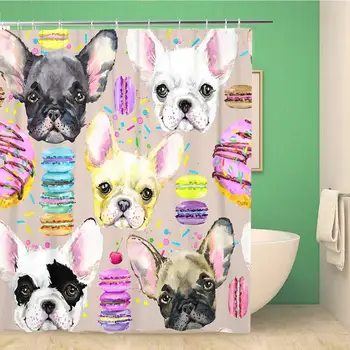 

Bathroom Shower Curtain Colorful Cute Dog French Bulldog Watercolor Puppy Sweet Dessert Polyester Fabric 72x78 inches Waterproof