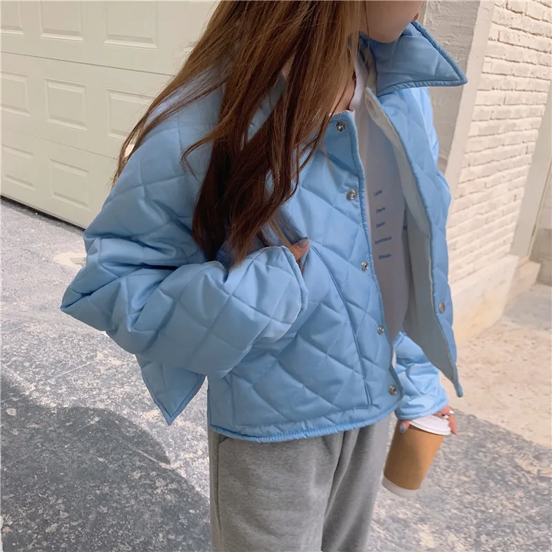 

Winter Women Short Blue Bubble Coat Parka Fashion Argyle Thin Padded Coats Streetwear Single Breast Loose Casual Short Jackets