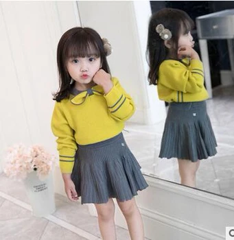 

Winter Autumn Toddler Girl Costume Set Kids Warm Knit Pullover + Pleated Skirt Set