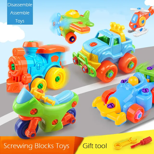 Cute Cartoon Children Disassembly Assembly Model Screwing Blocks Toys Assemble Construction Airplane Trains Mode Toys For Kids 2