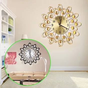 

Wall Clock Silent European Retro Style Peacock Inlaid Diamond Glod/Sliver Clock Household Living Room Wall Ornament Home Decor-