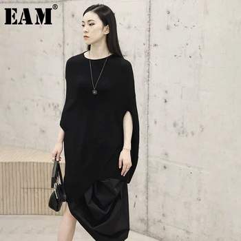 

[EAM] Black Irregular Big Size Knitting Sweater Loose Fit Round Neck Half Sleeve Women Pullovers New Fashion Spring 2020 JO459