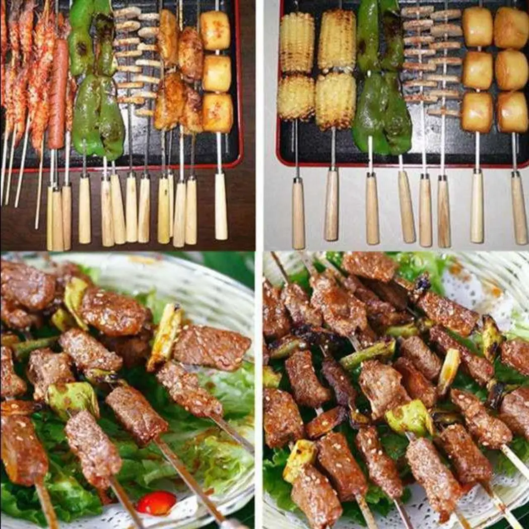 20pcs Stainless Steel BBQ Tools Flat Barbecue Stick BBQ Roasting Needle with Wooden Handle Skewers Outdoor Camping Forks