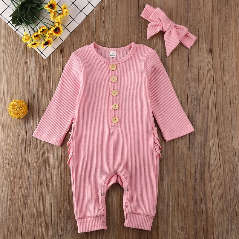 Emmababy Одежда для маленьких девочек и мальчиков длинный рукав; пуговицы Лоскутное ползунки с оборками головная повязка вязаное изделие в одинаковом стиле, осень