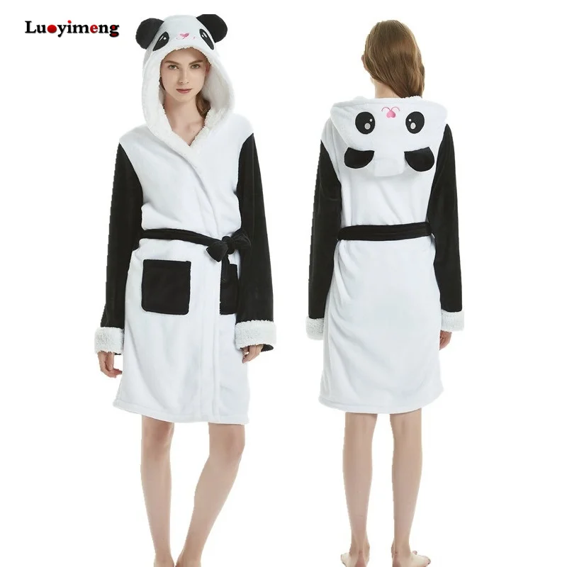 Adults Winter Coral Velvet Hooded Unicorn Robe Women Flannel Dressing Gown Panda Stitch Animal Bath Robes Men's Long Bathrobes