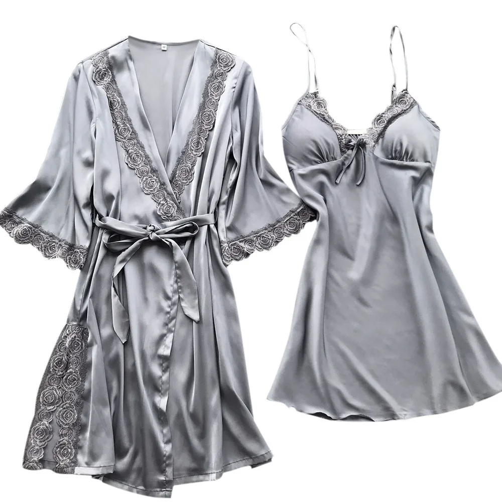 Robe De Nuit Femme комплект с платьем Женская модная сексуальная одежда для сна Нижнее белье соблазнительное кружево Пояс Нижнее белье Ночная рубашка бесшовные однотонные комплекты - Цвет: Gray