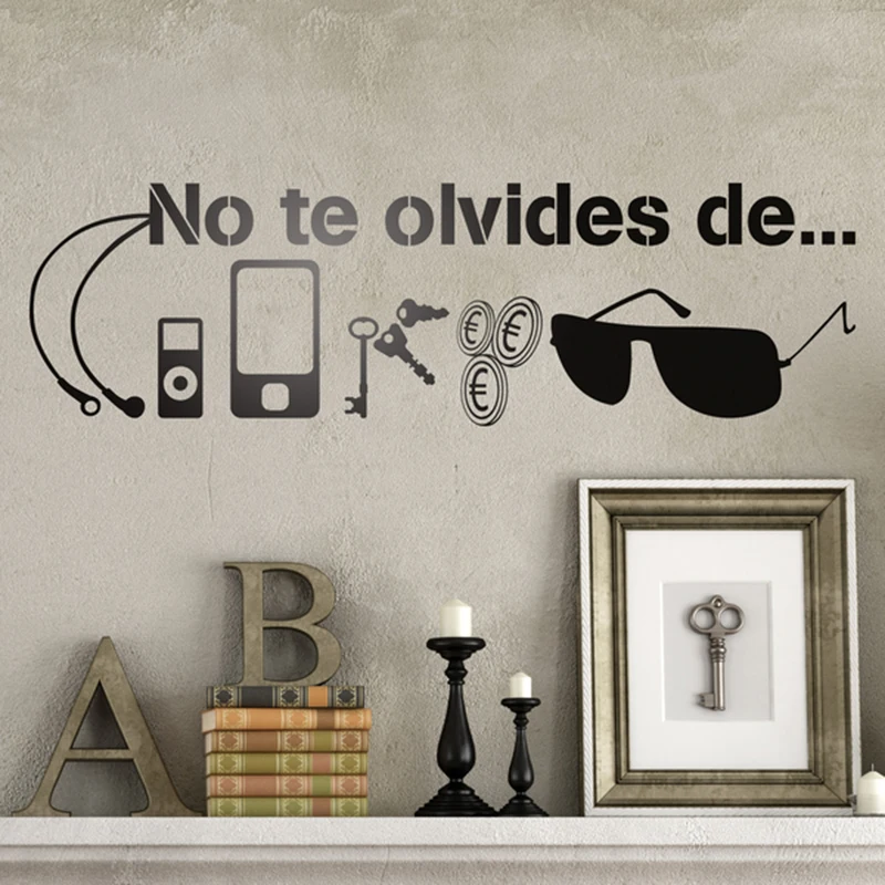 Modern Spanish Don't forget Quote Wall Sticker Entryway Living Room Spanish No Te Olvides de Key Glass Phone Wall Decal Vinyl  (3)