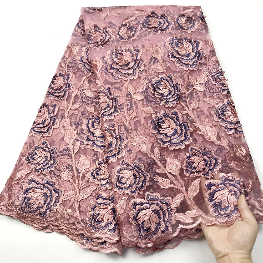 

2019 Latest African Lace Fabric Embroidery Lace Fabric High Quality French Mesh Lace Fabric With Beads Wedding Party Dress