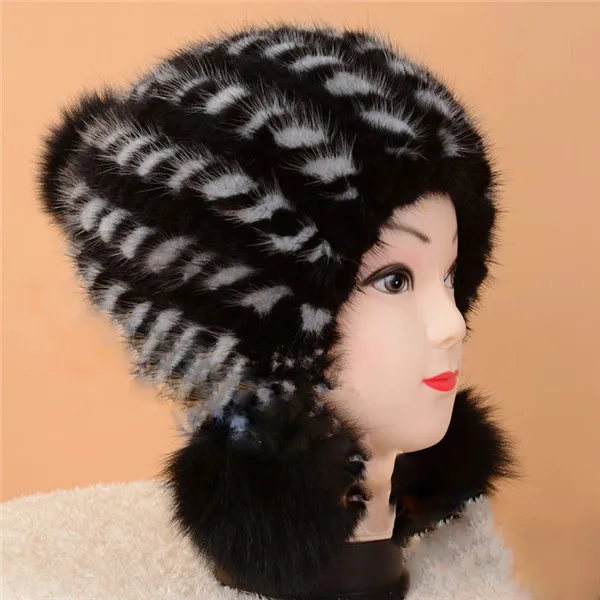 Black and White Gorros De Piel, натуральная женская зимняя меховая шапка, Норковая женская меховая шапка, меховая шапка, режим Gorro Elegante, вязаная норковая меховая шапка - Цвет: Black and White