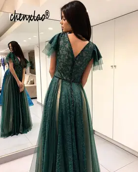 

Elegant Green Evening Dresses Tulle A-Line V-Neck Lace Floor Length Evening Dress Long Formal Gowns robe de soiree