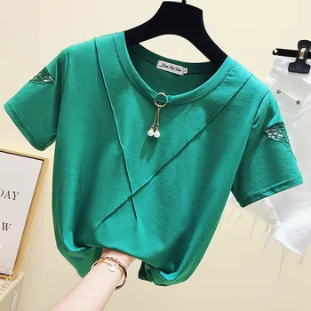 

Korean-style Embroidery Solid Color T-shirt Woman Short Sleeved Loose-Fit T-shirt Top Women Green O-neck Casual Tshirt Femme Tee
