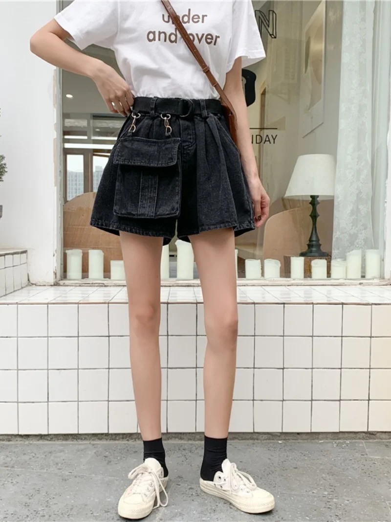Women Big Pocket Loose Oversized Jeans Shorts Fashion High Waist Denim Shorts Female Summer Wide Leg Short Jeans Elastic Waist