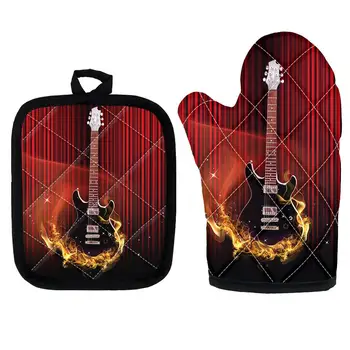 

Fashion Guitar Pattern Set of 2 Microwave Oven Gloves Insulation Pads Oven Mitts for Cooking Baking BBQ Pot Holders Decorative