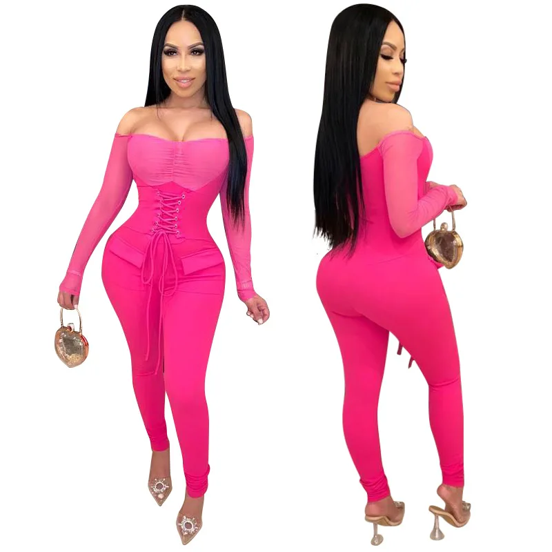 New Womens Off Shoulder long lseeve Sexy Jumpsuit Fashion Lace-Up waist Mesh Jumpsuit Skinny Rompers Club Overalls