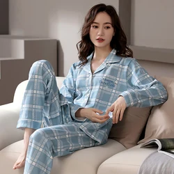 Autumn Winter Women's Pajamas Casual Plaid Sleepwear Cotton Home Clothes Set Woman 2 Pieces Elastic Pajama Sets pijama mujer