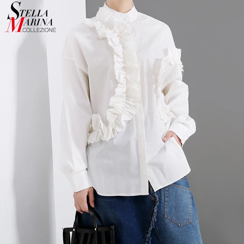 

New 2019 Korean Style Women Casual Solid White Blouse Shirt Ruffles Ladies Cute Wear Blouses Feminine Shirt chemise femme 5379
