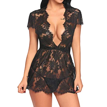 

Puimentiua Sexy Women Lingerie Lace Night Dress Sleepwear Nightgown Bandage Deep V G-String See Through Sexy Sheer Sleep Dress