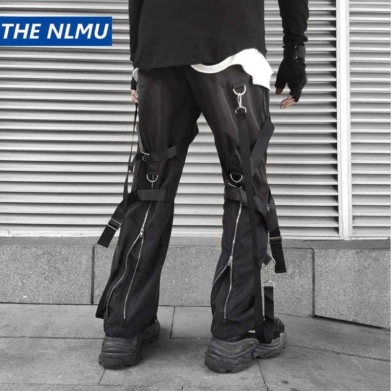 

Dance Pants Streetwear Jogger Men Zipper Ribbon Loose Sweatpants Elastic Waist 2019 Fashion Black Cargo Pants Male HZ156