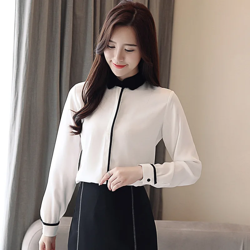 

Anqi Pull Contrast Color Peter Pan Collar Chiffon Shirt WOMEN'S Dress Long Sleeve Autumn Clothing New Style Elegant Ol Base Whit