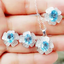 Натуральный голубой топаз набор ювелирных изделий с цветочным дизайном 925 стерлингового серебра 1 шт. кольцо 1 шт. Подвеска 1 пара серьги-гвоздики earirng 1.6ct* 4 шт драгоценный камень B9121