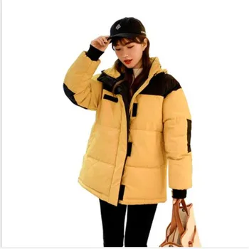 

High Street 2019 New Winter Women Jacket Hooded Cotton-Padded Coat Patchwork Color Thick Short Down Parkas Hooded Overcoat H137