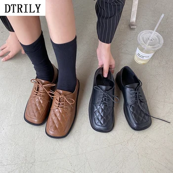 

Plaid Sewing Chunky Heels Shoes Women Square Toe Loafers Casual Lace Up Oxford Shallow Slides Leather Patchwork Zapatos De Mujer