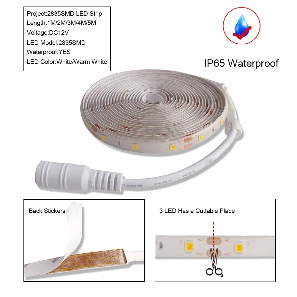 H9ddbb2c4462e4e46ba359b36a27d881f3 5M LED light Strip Waterproof 2835 Ribbon LED Strip Dimmable Touch Sensor Switch 12V Power Supply For Under Cabinet Kitchen Lamp