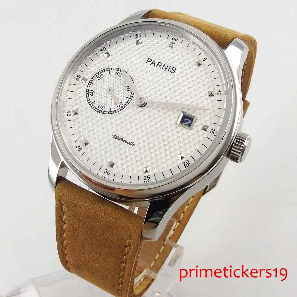 

Simple new arrival 43mm PARNIS white dial leather strap date window ST automatic mens watch PA684