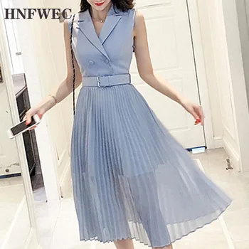 

2019 Summer Autumn New Fashion Stitching Notched Sky Blue A-line Casual Style Tank Women's Pleated Dress A929