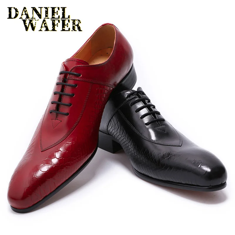 FASHION MEN LEATHER SHOES SNAKE SKIN PRINTS BLACK RED LACE UP POINTED TOE CASUAL OFFICE WEDDING PARTY DRESS OXFORD SHOES FOR MEN