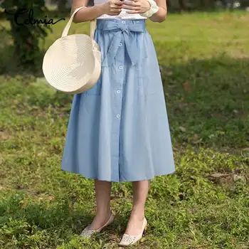 

2020 Fashion High Waist Shirts Celmia Women Elegant OL Long Skirt Casual Loose Solid Buttons Office Party Skirt Belted Plus Size