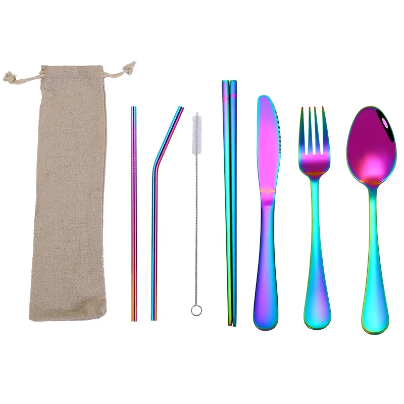 Dinnerware Set Travel Camping Cutlery Set Reusable Silverware With Metal Straw Spoon Fork Chopsticks And Portable Case - Цвет: Rainbow B